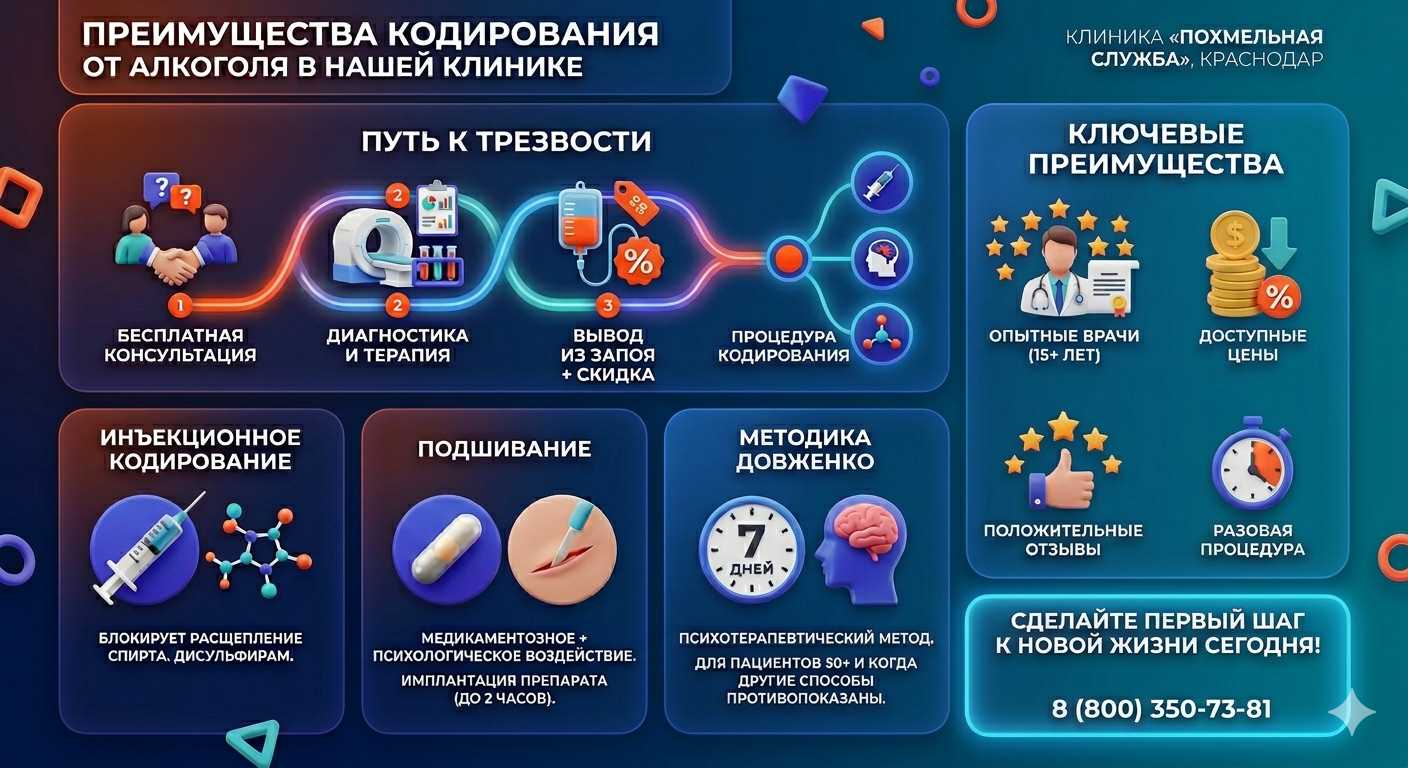 Инфографика о методах кодирования от алкоголя в Полярных Зорях: инъекции, подшивание, метод Довженко. Преимущества клиники и этапы лечения.