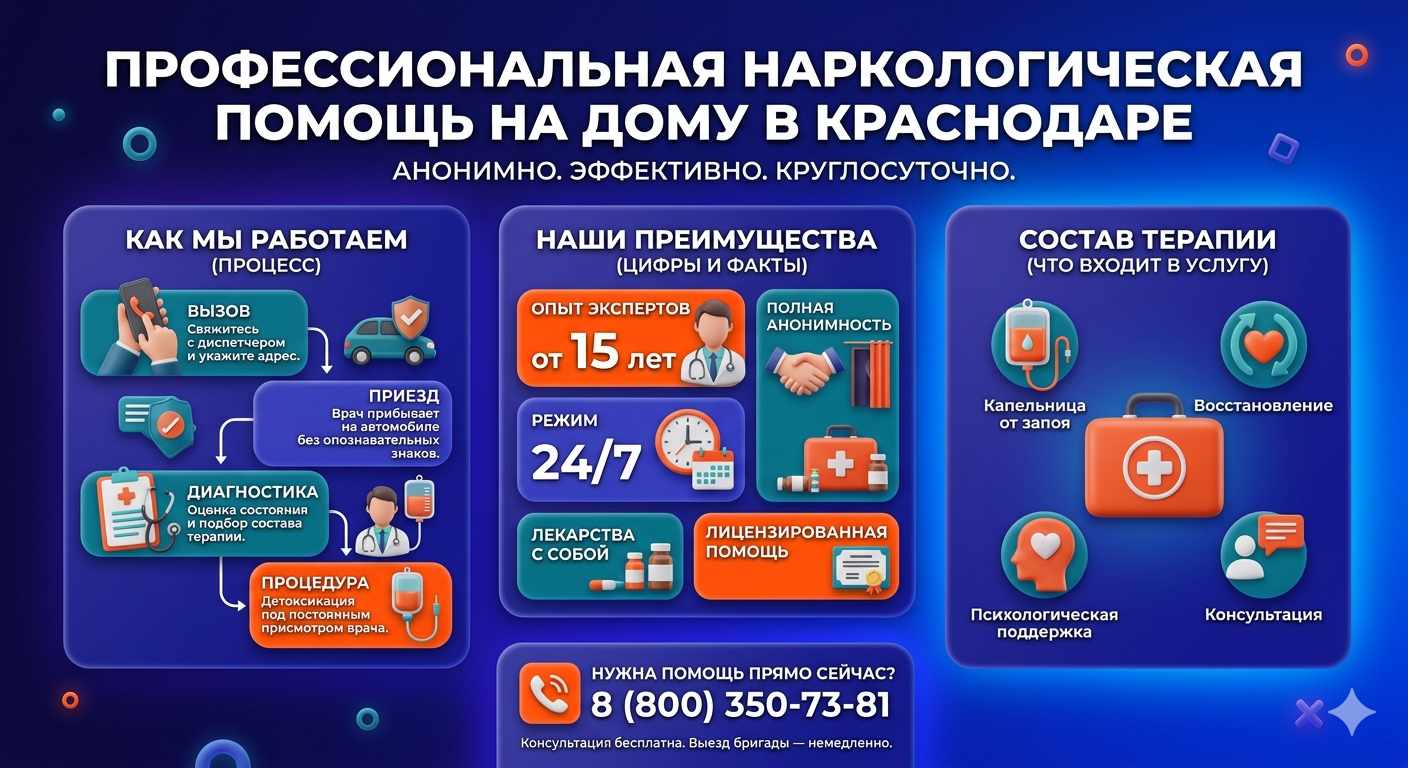 Инфографика о принципах лечения алкоголизма на дому в Полярных Зорях: этапы вызова нарколога, преимущества анонимной детоксикации и состав медицинской помощи.
